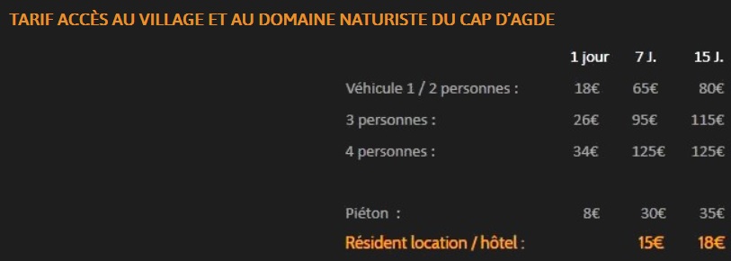 tarif village cap agde entree