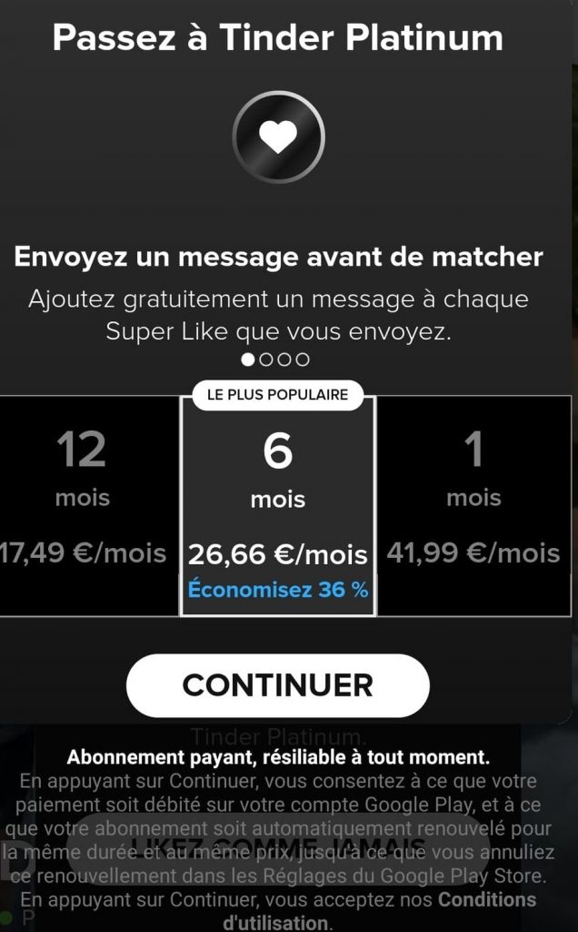 tinder platinium prix